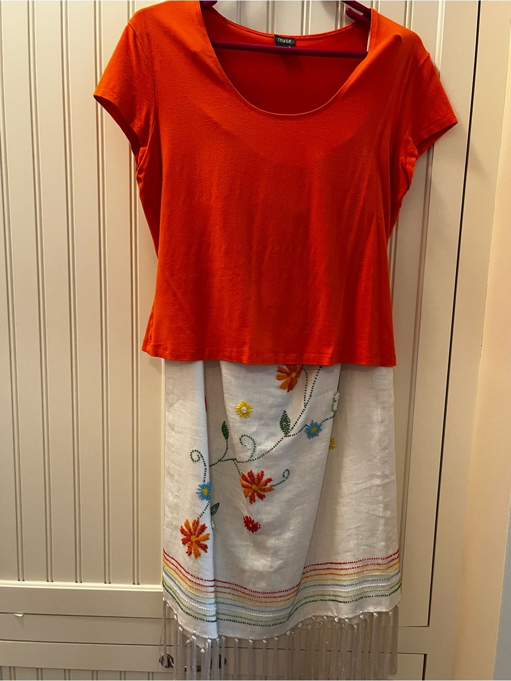 Muse Bright Orange Scoop-Neck Top with Linen Hand Beaded Skirt